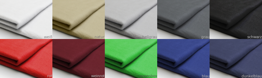 Bühnenmolton Farbübersicht des bei Rabenring standardmäßig erhältlichen Bühnenmoltons: weiß, natur, hellgrau, grau, schwarz, rot, weinrot, greenbox, blau, dunkelblau